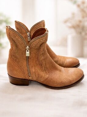 Pantanetti Italy Python Embossed Leather Ankle Boots 38 Tan Double Zip Designer